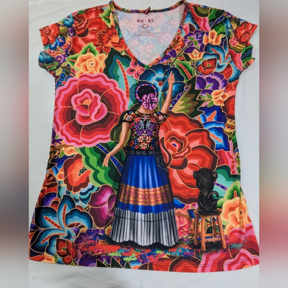 Pintora Lady Painter Frida Kahlo Vibrant Floral Art Cap Sleeve Blouse XL